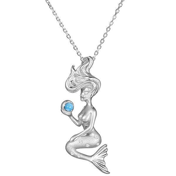 The picture shows a small 925 sterling silver larimar wishing mermaid pendant.