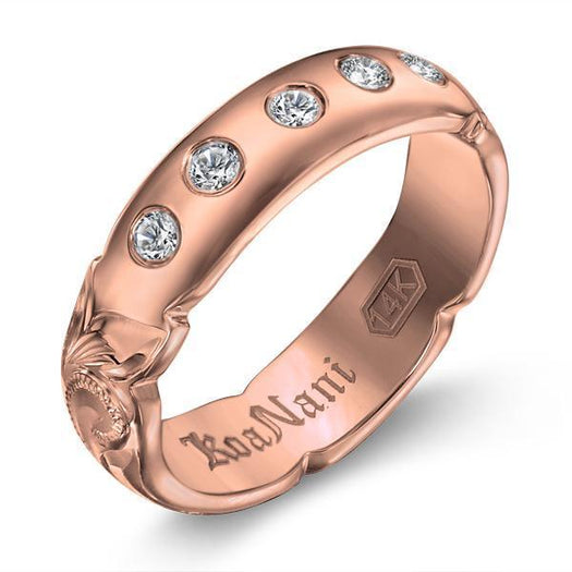 The picture shows a 14K rose gold 5 mm ring with hand engravings and diamonds.