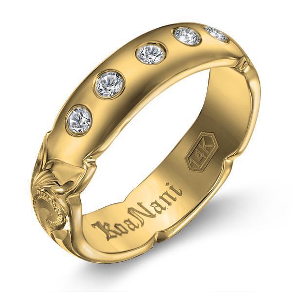 The picture shows a 14K yellow gold 5mm ring with hand engravings and diamonds.