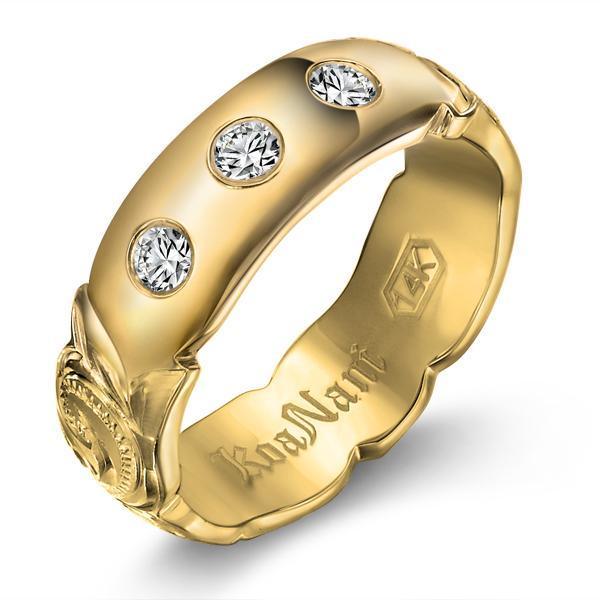 The picture shows a 14K yellow gold 6mm ring with hand engravings and diamonds.