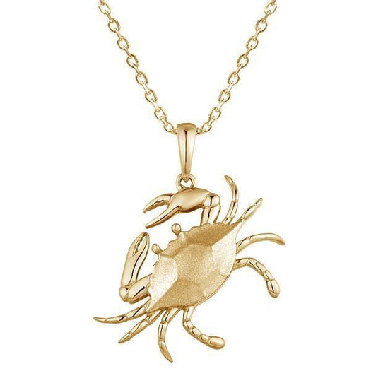 The picture shows a 14K yellow gold blue crab pendant.