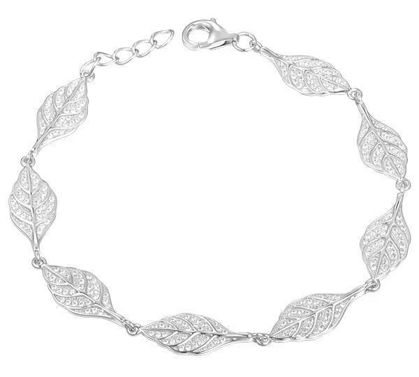 In this photo there is a white gold plated maile leaf bracelet with cubic zirconia.