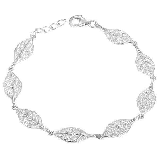 In this photo there is a white gold plated maile leaf bracelet with cubic zirconia.