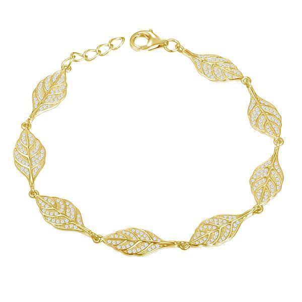 In this photo there is a yellow gold plated maile leaf bracelet with cubic zirconia.