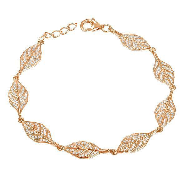 In this photo there is a rose gold plated maile leaf bracelet with cubic zirconia.