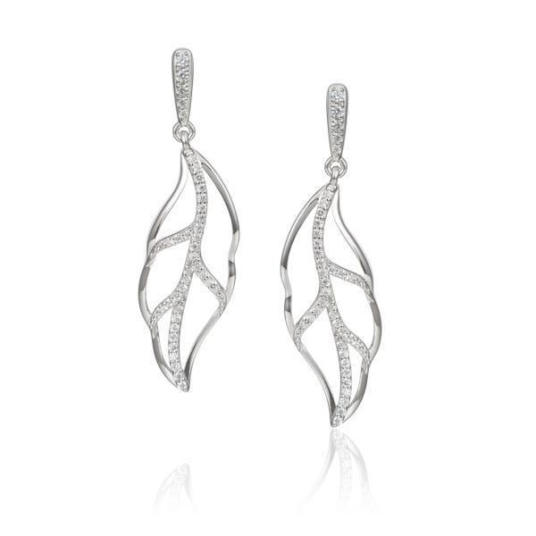 In this photo there is a pair of 925 sterling silver maile leaf earrings with topaz gemstones.