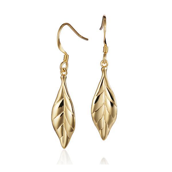 The picture shows a pair of 14K yellow gold maile leaf hook earrings.