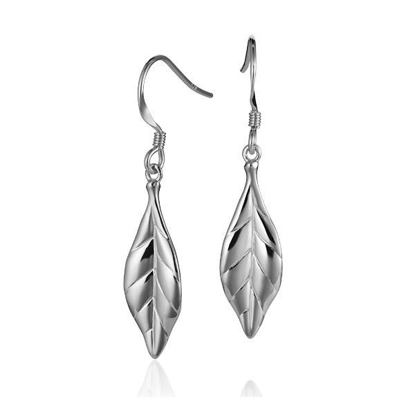 The picture shows a pair of 14K white gold maile leaf hook earrings.