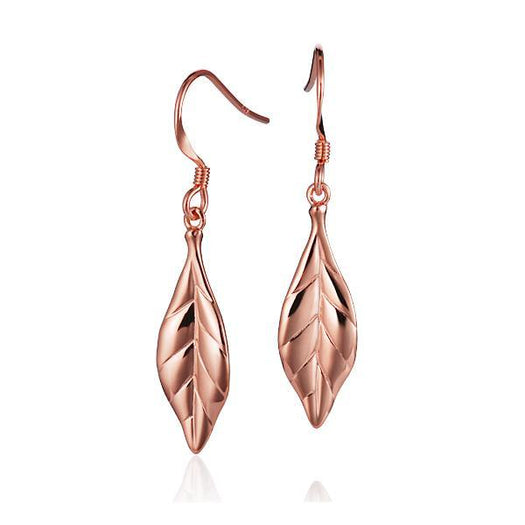 The picture shows a pair of 14K rose gold maile leaf hook earrings.