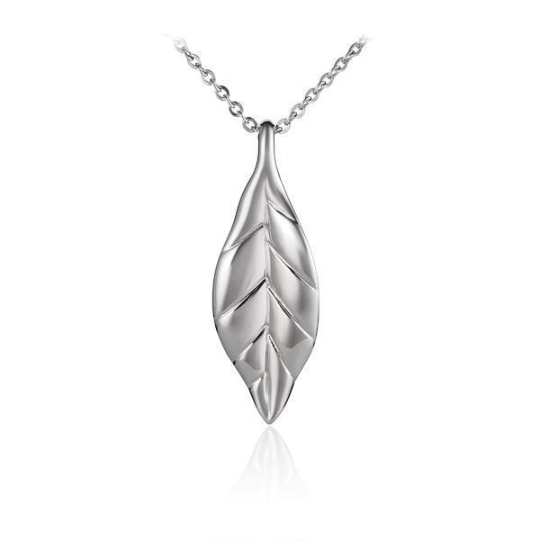 In this photo there is a small sterling silver maile leaf pendant.