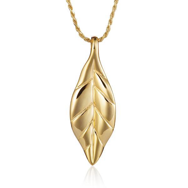 In this photo there is a yellow gold maile leaf pendant.