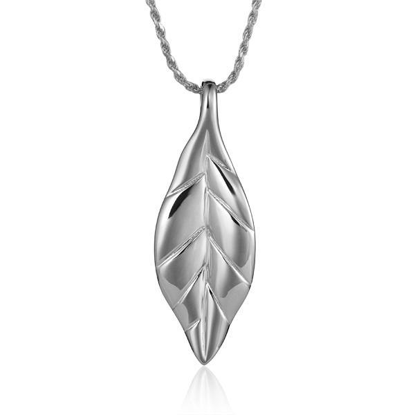 In this photo there is a white gold maile leaf pendant.