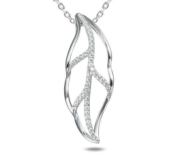 In this photo there is a sterling silver maile leaf pendant lined with topaz gemstones.