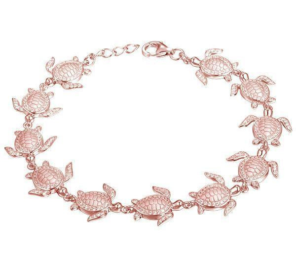 The picture shows a 925 sterling silver rose gold-plated sea turtle bracelet with cubic zirconia.