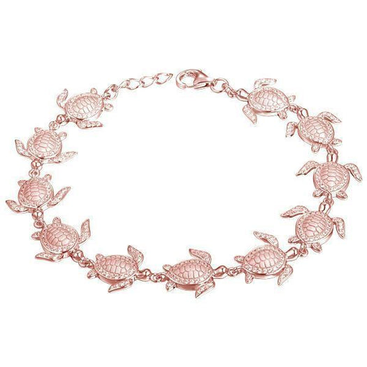 The picture shows a 925 sterling silver rose gold-plated sea turtle bracelet with cubic zirconia.
