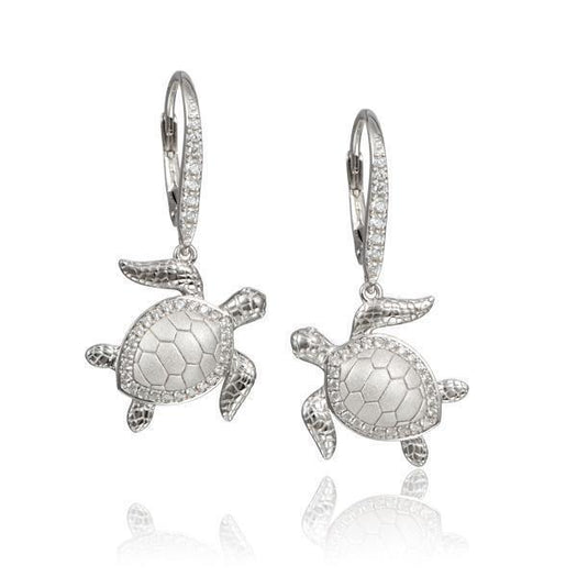 The picture shows a pair of 925 sterling silver sea turtle lever-back earrings with topaz.
