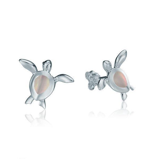 Sterling silver sea turtle stud earrings with white mother of pearl.