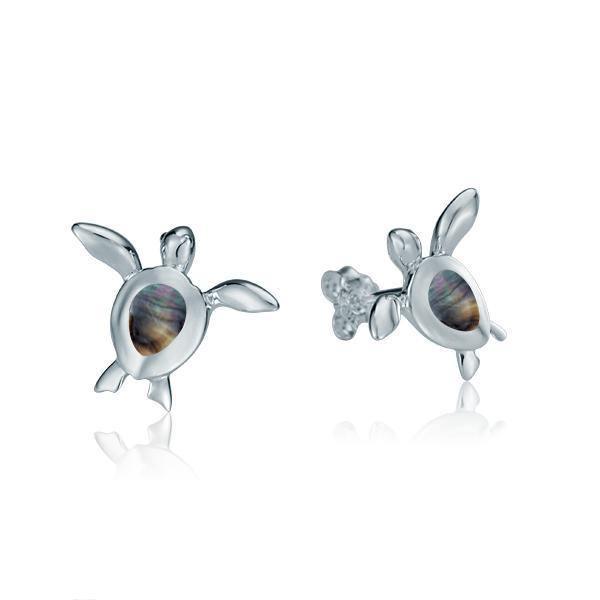 Sterling silver sea turtle stud earrings with black mother of pearl.