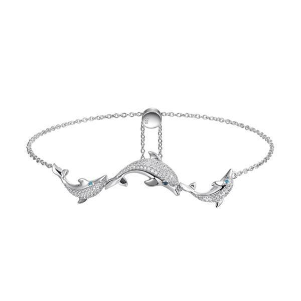 The photo shows a 925 sterling silver three dolphin bolo bracelet with topaz.