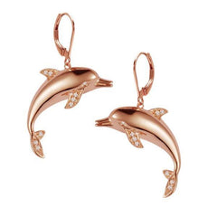 dolphin lever back earrings with diamonds set in 14k solid rose gold