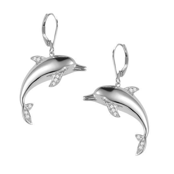 dolphin lever back earrings with diamonds set in 14k solid white gold