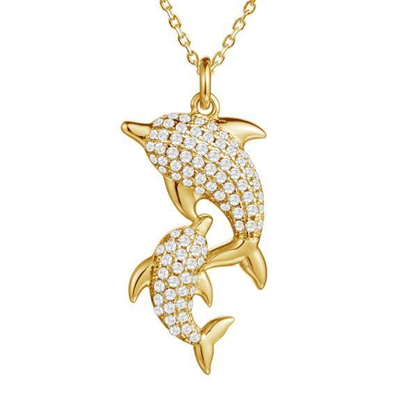 The picture shows a 14K yellow gold dolphin lovers pendant with diamonds.
