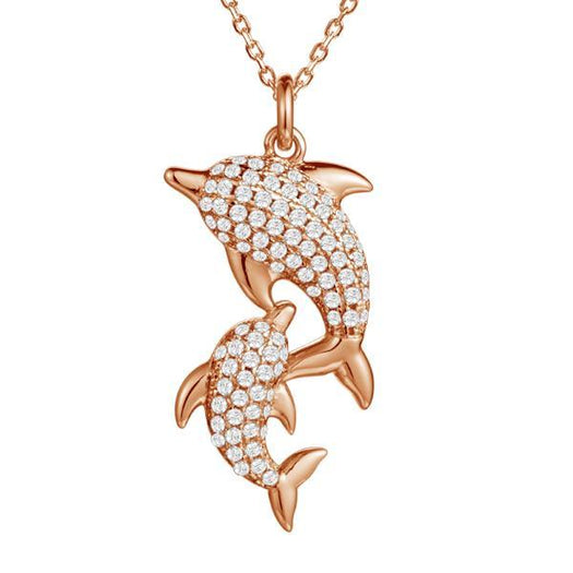 The picture shows a 14K rose gold dolphin lovers pendant with diamonds pendant.