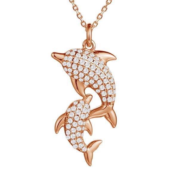 The picture shows a 14K rose gold dolphin lovers pendant with diamonds pendant.