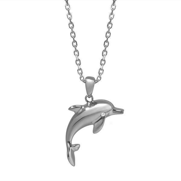 The picture shows a 14K white gold dolphin necklace with one eye diamond.