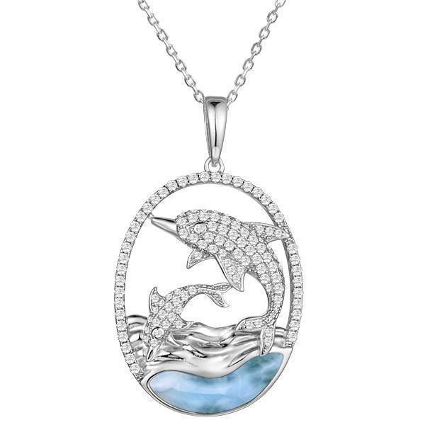 The picture shows a 925 sterling silver two swimming dolphins pendant with a larimar gemstone and cubic zirconia.