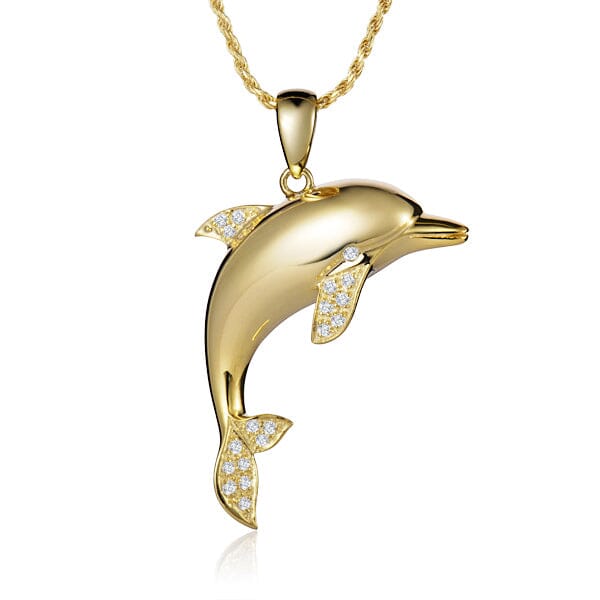large dolphin pendant with diamonds set in solid 14K yellow gold