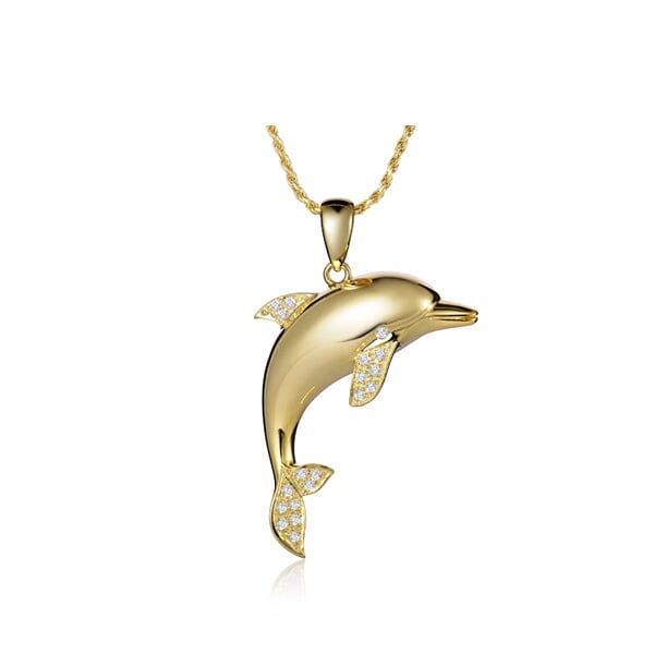 medium dolphin pendant with diamonds set in solid 14K yellow gold