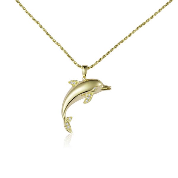 small dolphin pendant with diamonds set in solid 14K yellow gold