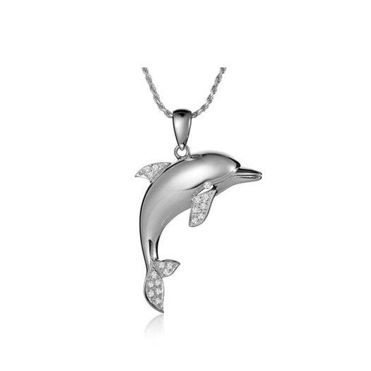 medium dolphin pendant with diamonds set in 14k solid white gold