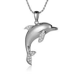 large dolphin pendant with diamonds set in 14k solid white gold