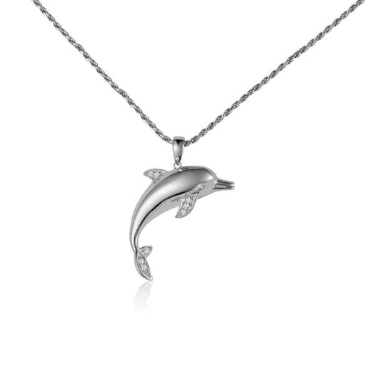 small dolphin pendant with diamonds set in 14k solid white gold
