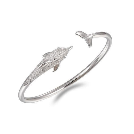 The picture shows a 925 sterling silver dolphin bangle with topaz.