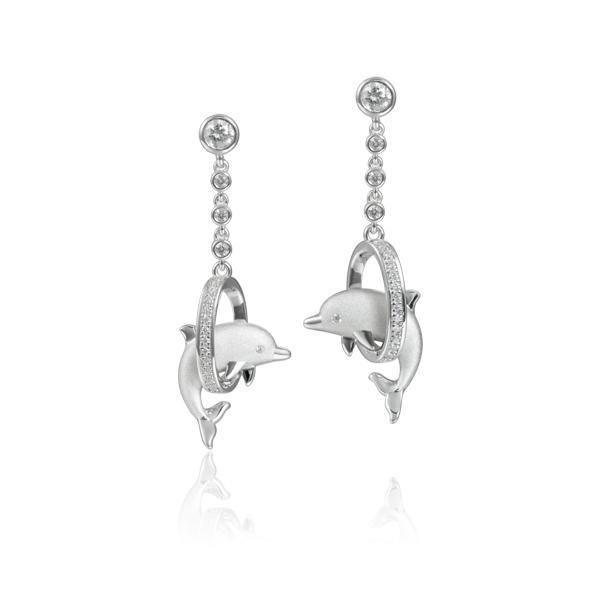The picture shows a 925 sterling silver dolphin earrings through a circle with cubic zirconia.