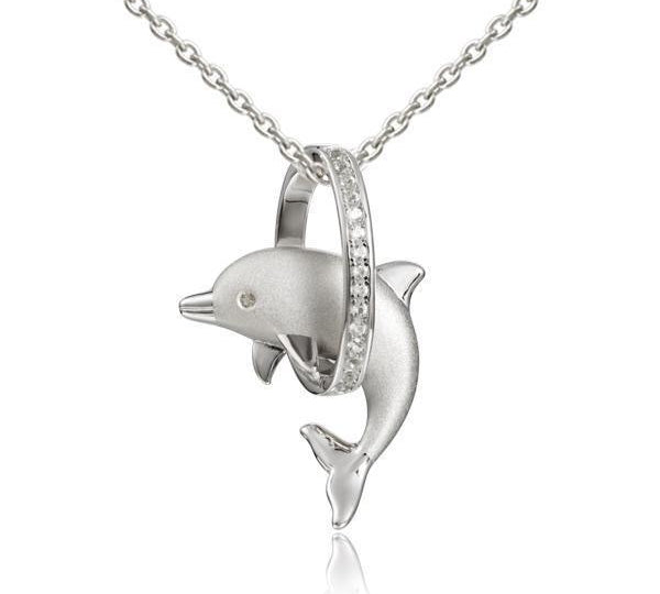 The picture shows a 925 sterling silver dolphin through a circle pendant with topaz.