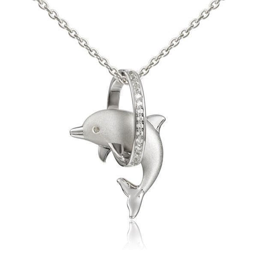 The picture shows a 925 sterling silver dolphin through a circle pendant with topaz.