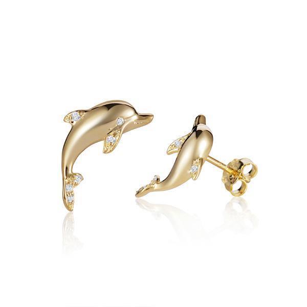dolphin stud earrings with diamonds set in 14k solid yellow gold