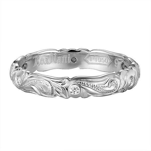 The photo shows a 4mm platinum wave infinity band ring.