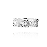 The picture shows a 925 sterling silver wave ring with scroll hand engravings.