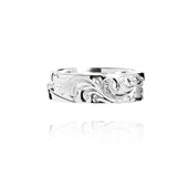 The picture shows a 925 sterling silver wave ring with scroll hand engravings.