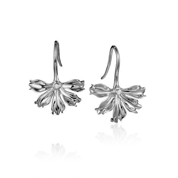 The picture shows a pair of 14K white gold naupaka flower hook earrings.