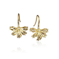 The picture shows a pair of 14K yellow gold naupaka flower hook earrings.