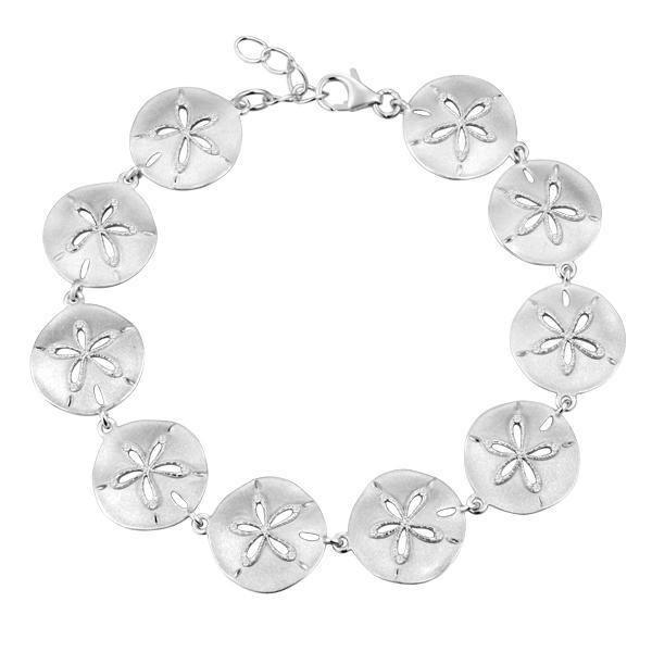 The picture shows a 925 sterling silver white gold-plated sand dollar bracelet with topaz