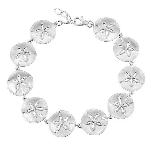 The picture shows a 925 sterling silver white gold-plated sand dollar bracelet with topaz