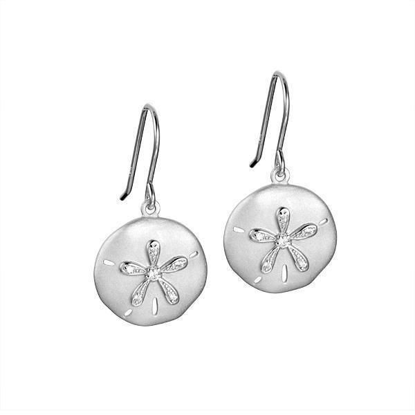 The picture shows a pair of white gold sand dollar hook earrings with topaz.
