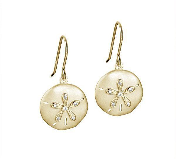 The picture shows a pair of yellow gold sand dollar hook earrings with topaz.